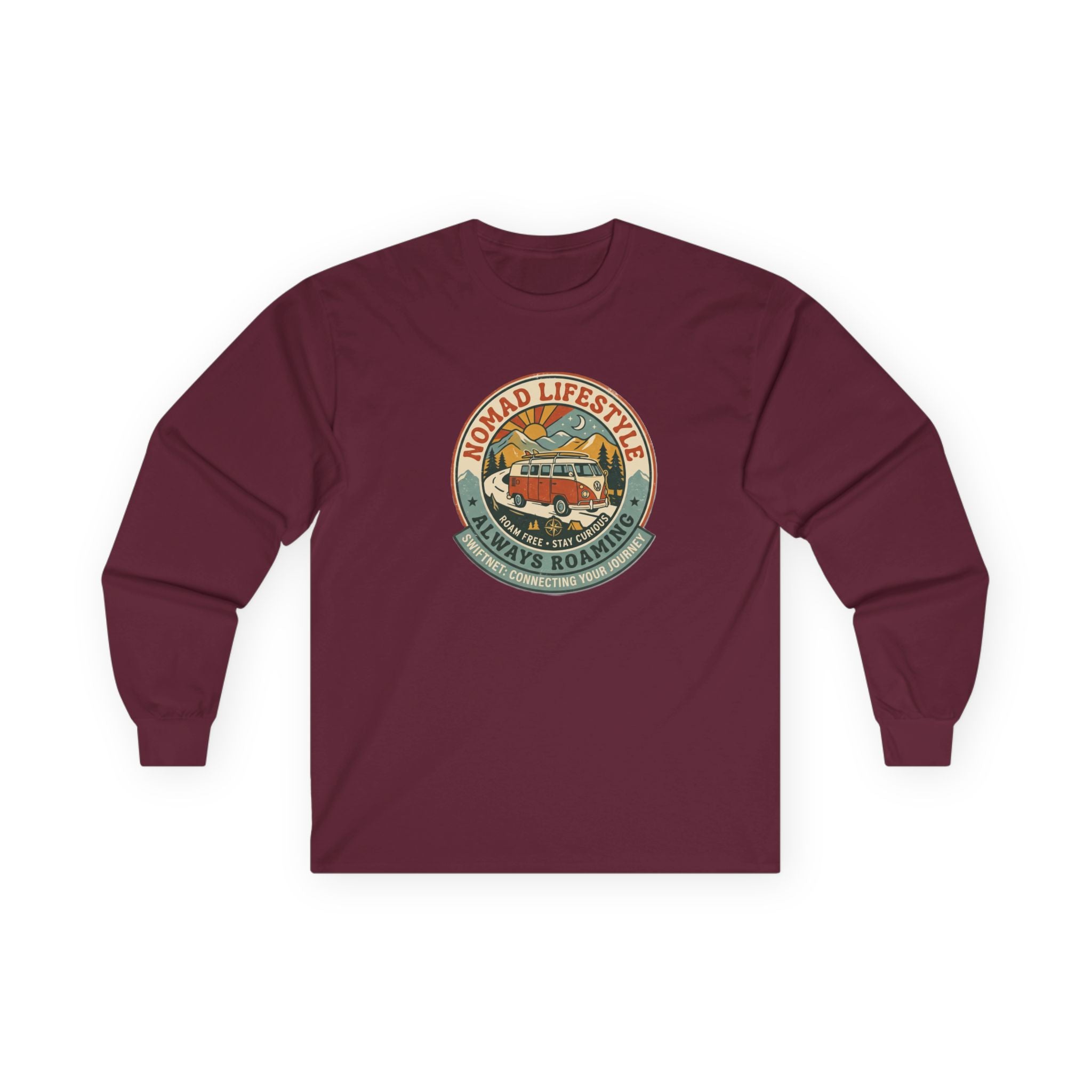Nomad Lifestyle Long-Sleeve Tee — Retro Camper Graphic, Unisex Shirt, RV & Van Life Gift