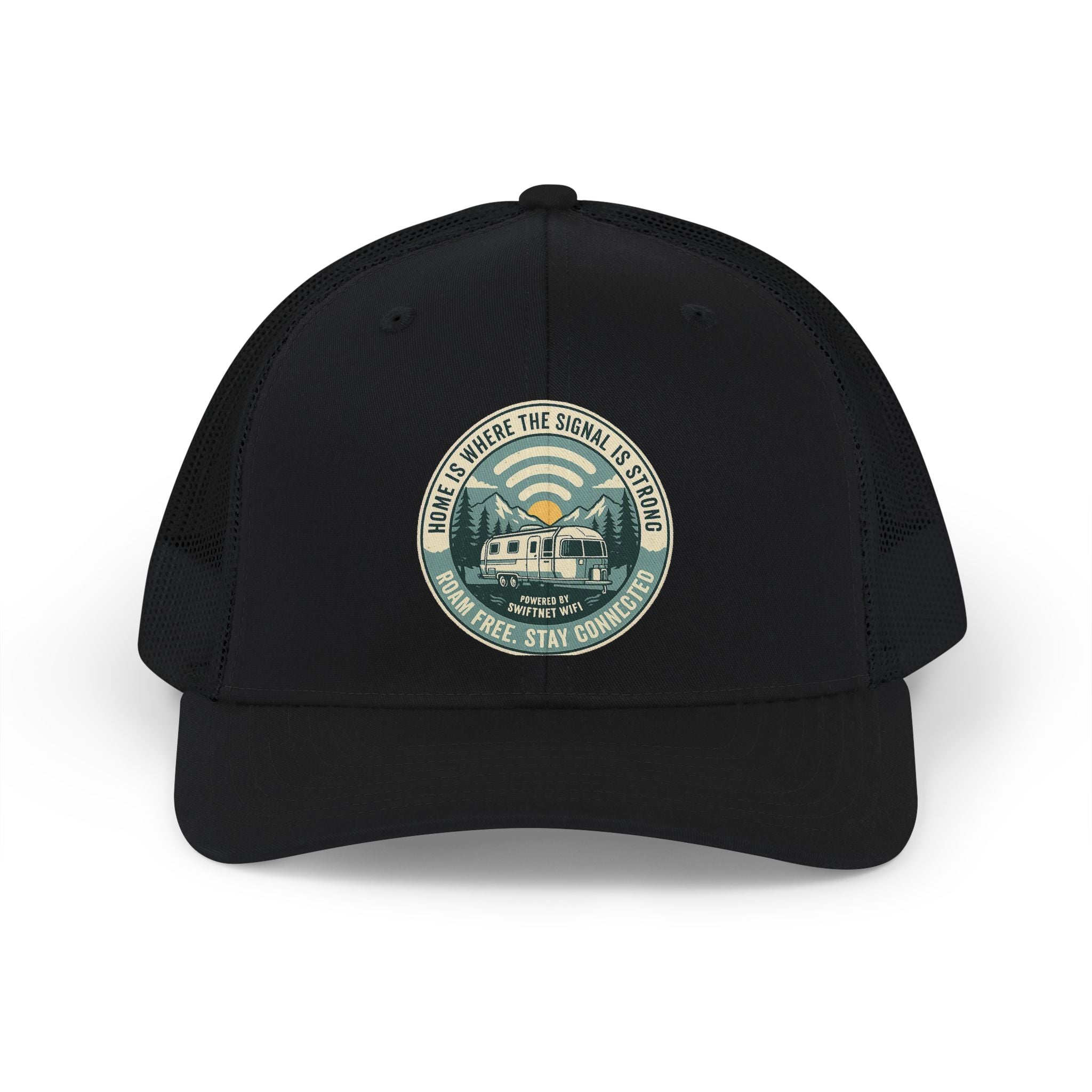 'Where the Signal Is Strong' Trucker Cap — Vintage Camper Patch Snapback, Mesh-Back, RV & Road Trip Gift