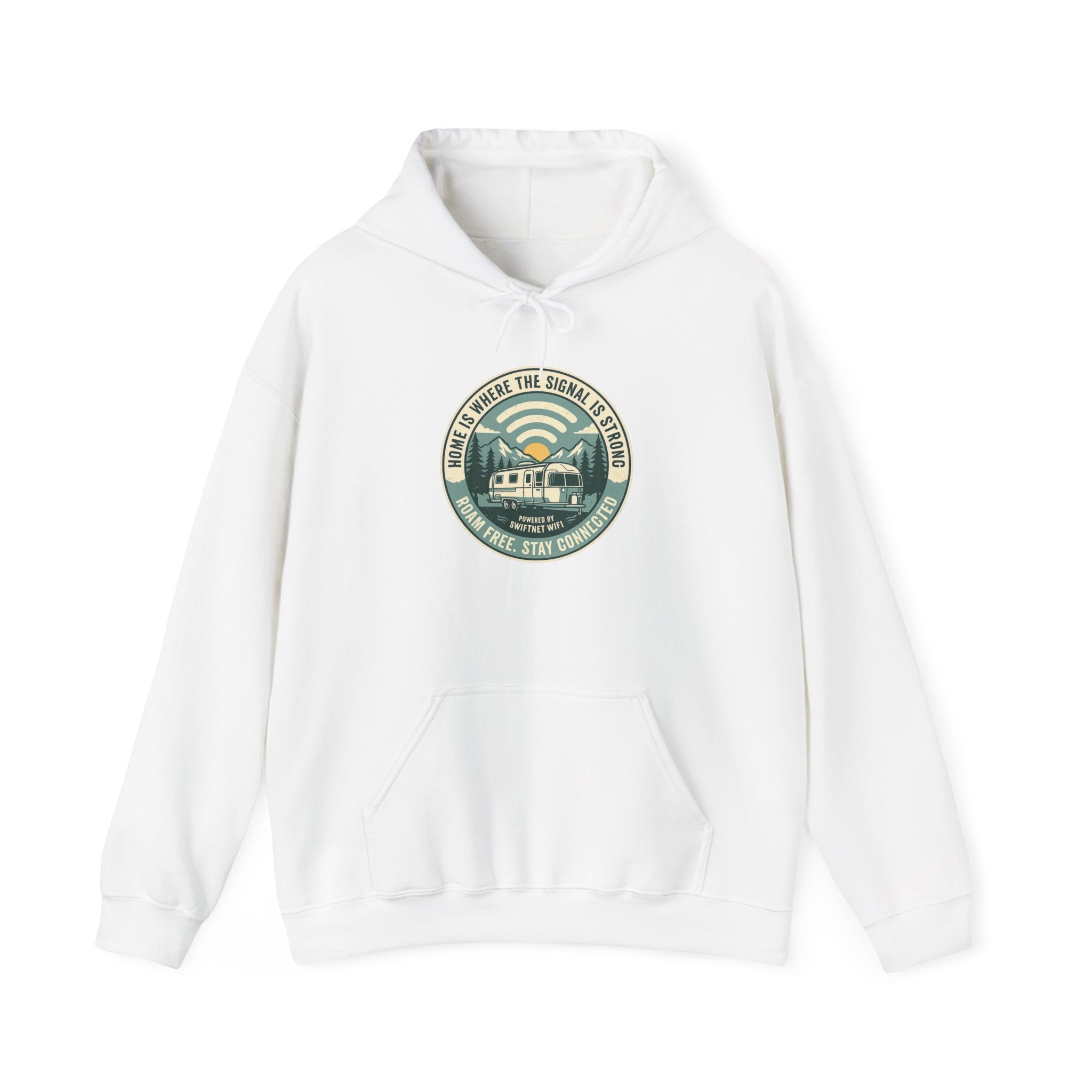 Home Is Where The Road Is Hoodie — Retro Camper RV Badge Pullover, Unisex Fleece (S–5XL)
