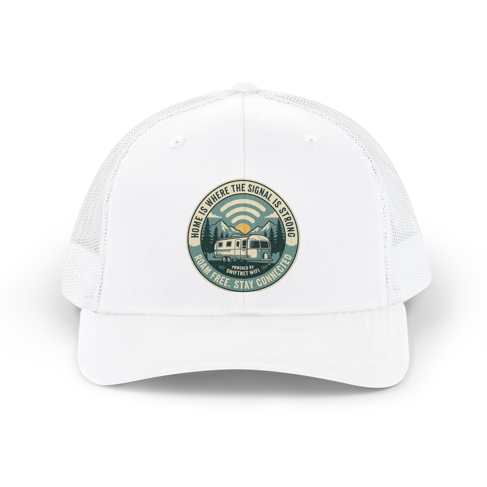 'Where the Signal Is Strong' Trucker Cap — Vintage Camper Patch Snapback, Mesh-Back, RV & Road Trip Gift