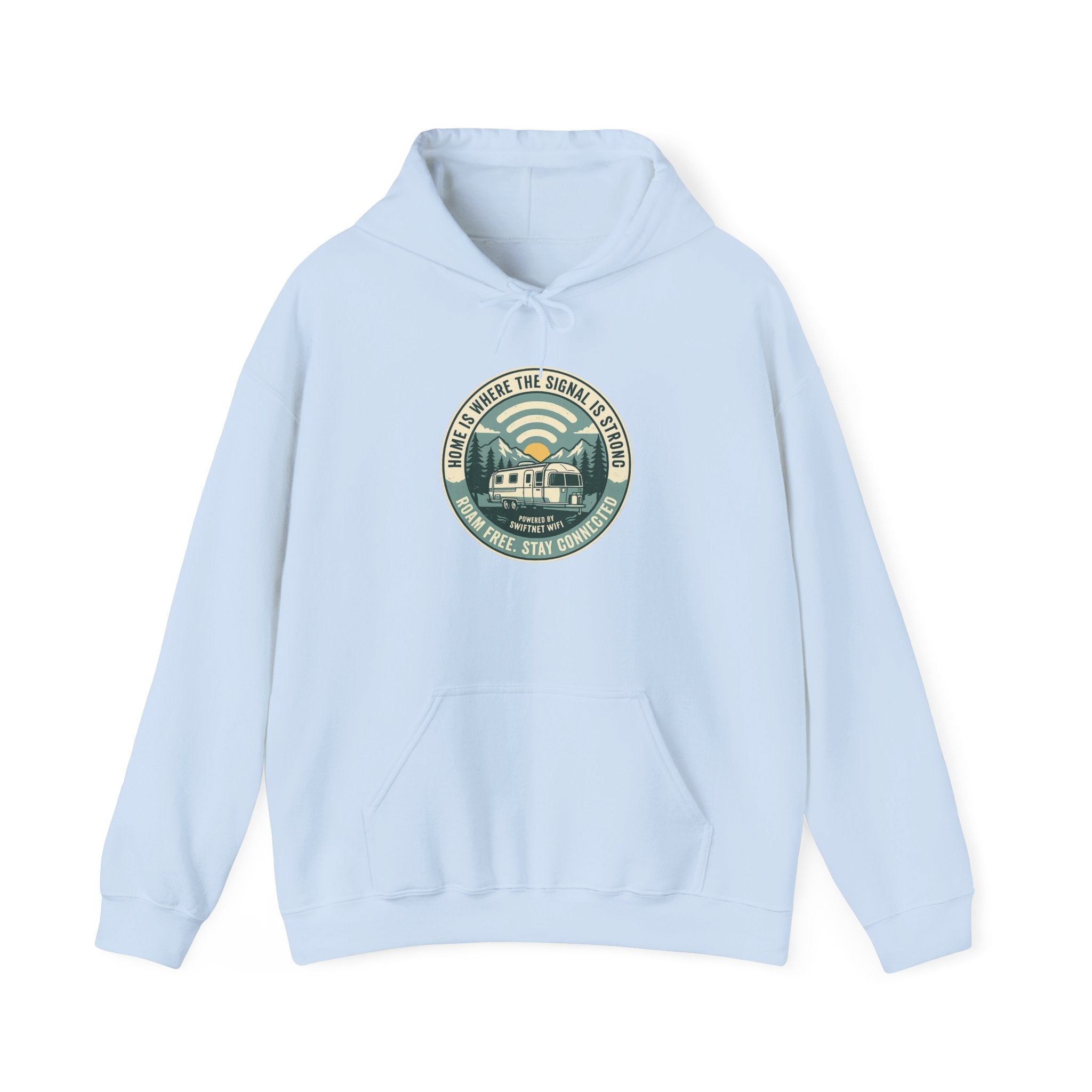 Home Is Where The Road Is Hoodie — Retro Camper RV Badge Pullover, Unisex Fleece (S–5XL)