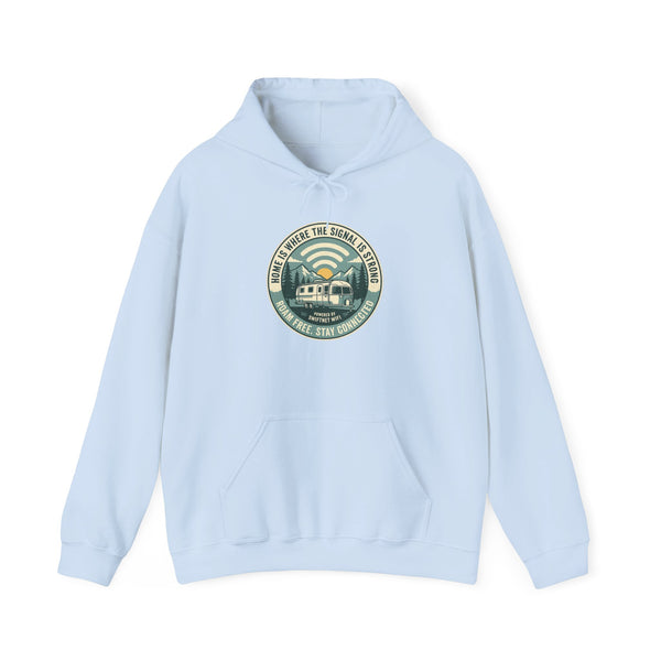 Home Is Where The Road Is Hoodie — Retro Camper RV Badge Pullover, Unisex Fleece (S–5XL)