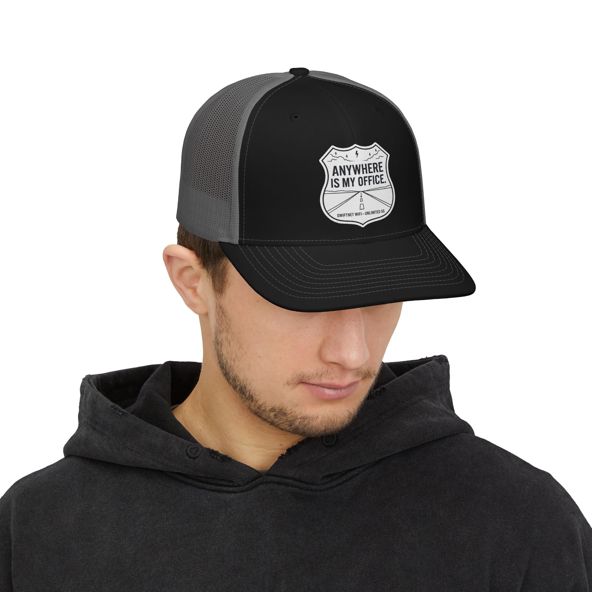 Anywhere Is My Office Trucker Cap — Remote-Work Snapback, Mesh-Back Adjustable, Digital Nomad Gift - SwiftNet WifiHatsPrintify31757628723566432950Anywhere Is My Office Trucker Cap — Remote-Work Snapback, Mesh-Back Adjustable, Digital Nomad GiftBlack / CharcoalOne size