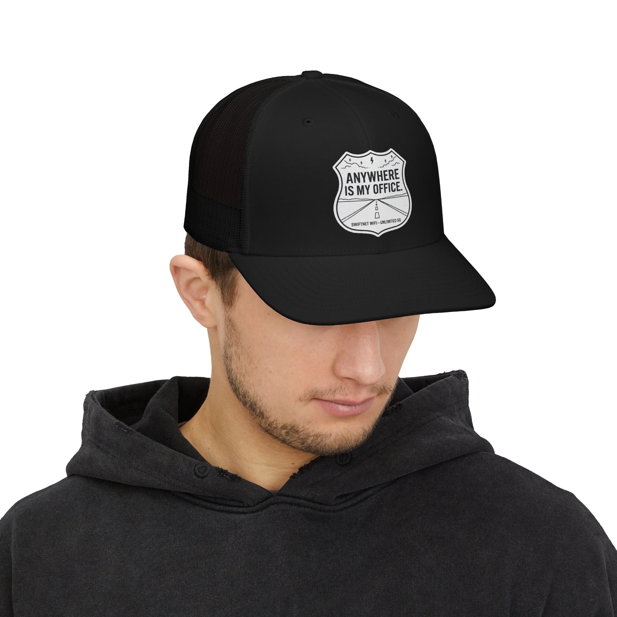 Anywhere Is My Office Trucker Cap — Remote-Work Snapback, Mesh-Back Adjustable, Digital Nomad Gift - SwiftNet WifiHatsPrintify31757628723566432950Anywhere Is My Office Trucker Cap — Remote-Work Snapback, Mesh-Back Adjustable, Digital Nomad GiftBlack / CharcoalOne size