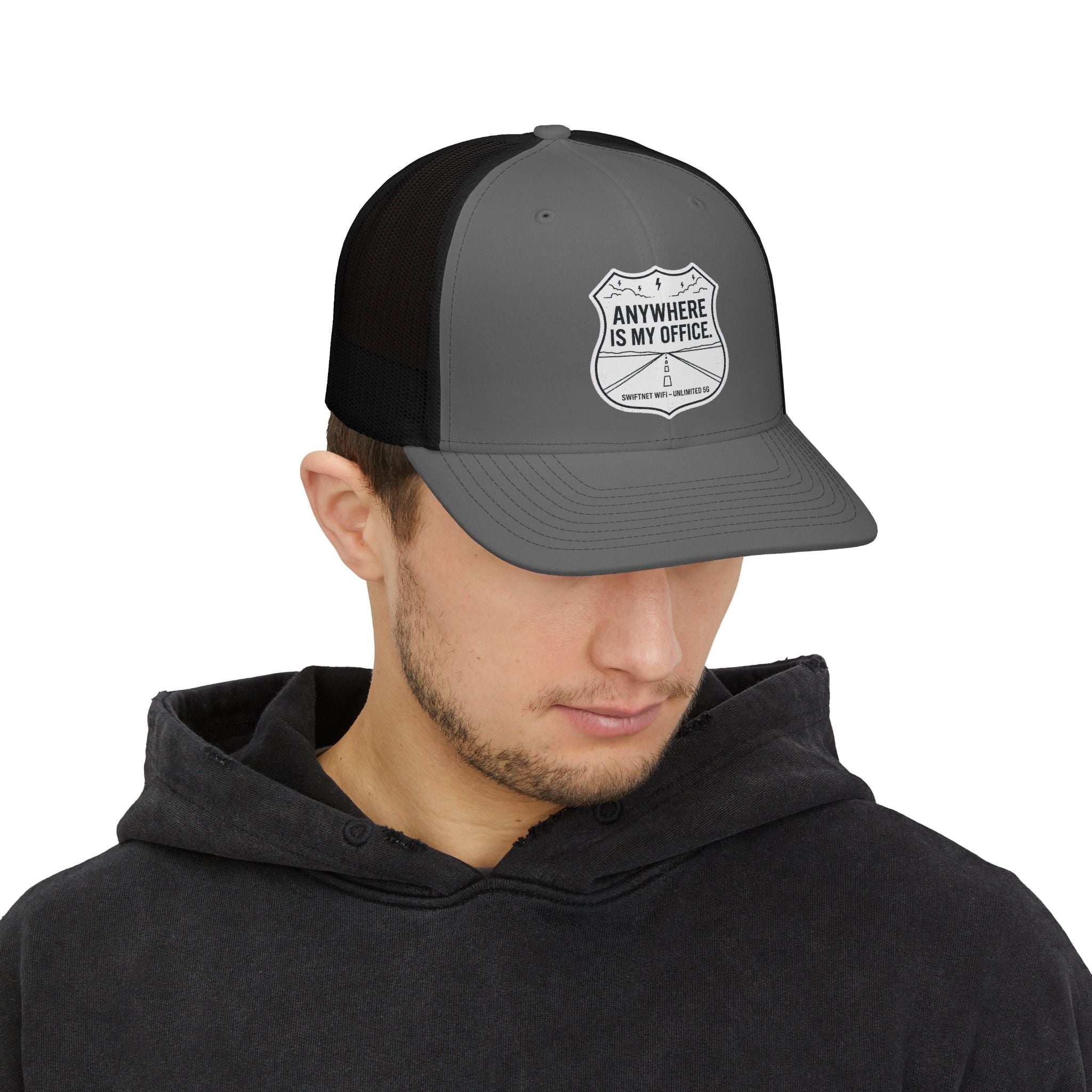 Anywhere Is My Office Trucker Cap — Remote-Work Snapback, Mesh-Back Adjustable, Digital Nomad Gift - SwiftNet WifiHatsPrintify31757628723566432950Anywhere Is My Office Trucker Cap — Remote-Work Snapback, Mesh-Back Adjustable, Digital Nomad GiftBlack / CharcoalOne size