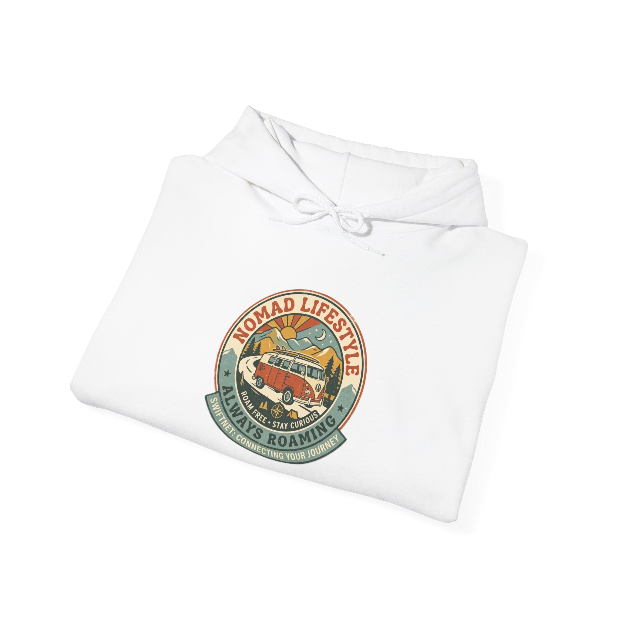 Nomad Lifestyle Hoodie — 'Always Roaming' Retro Van Badge Pullover, Unisex Fleece (S–5XL) - SwiftNet WifiHoodiePrintify22334968098647207851Nomad Lifestyle Hoodie — 'Always Roaming' Retro Van Badge Pullover, Unisex Fleece (S–5XL)WhiteS