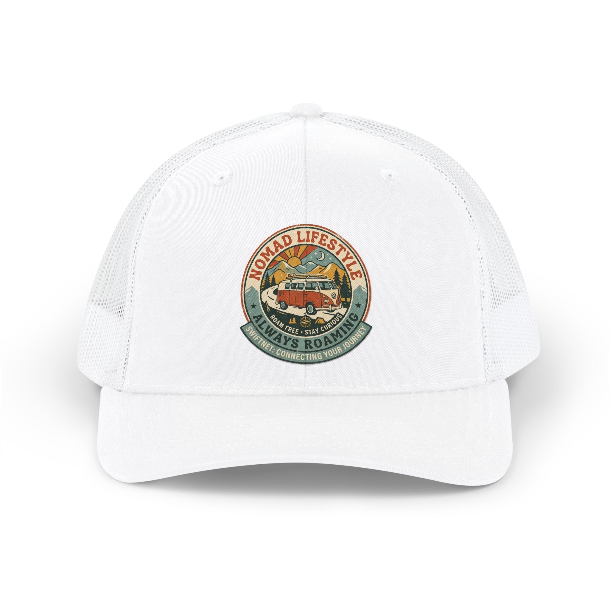 Nomad Lifestyle Trucker Cap — 'Always Roaming' Vintage Van Snapback, Mesh-Back Adjustable, Van Life Gift - SwiftNet WifiHatsPrintify15267773105152670034Nomad Lifestyle Trucker Cap — 'Always Roaming' Vintage Van Snapback, Mesh-Back Adjustable, Van Life GiftWhite / WhiteOne size
