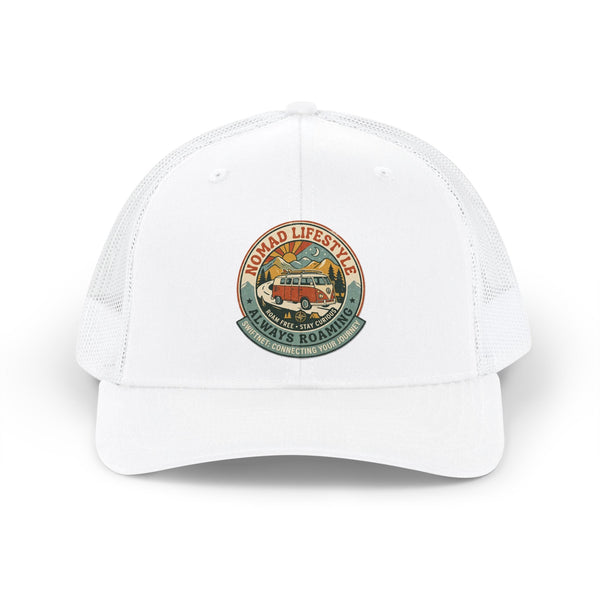 Nomad Lifestyle Trucker Cap — 'Always Roaming' Vintage Van Snapback, Mesh-Back Adjustable, Van Life Gift - SwiftNet WifiHatsPrintify15267773105152670034Nomad Lifestyle Trucker Cap — 'Always Roaming' Vintage Van Snapback, Mesh-Back Adjustable, Van Life GiftWhite / WhiteOne size