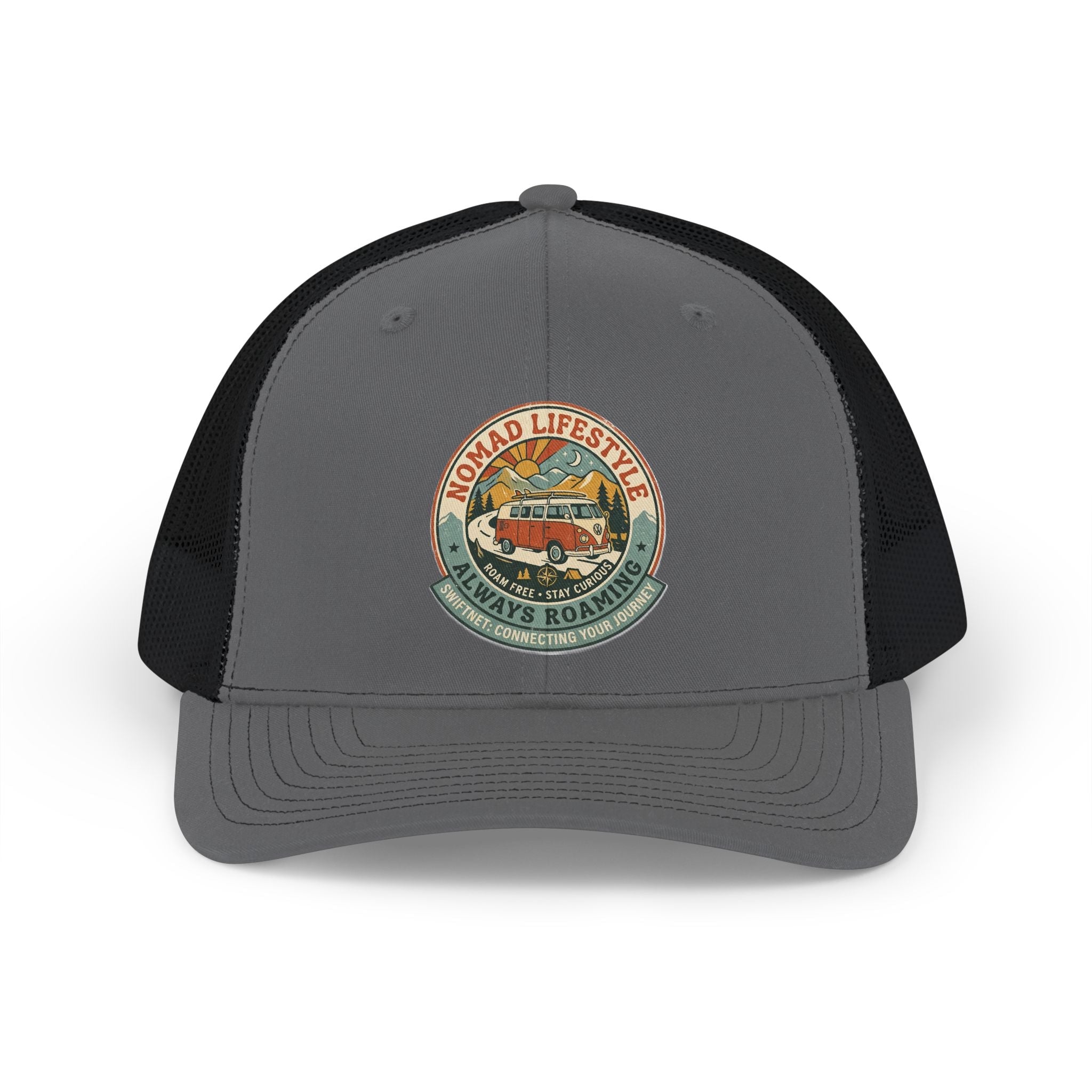 Nomad Lifestyle Trucker Cap — 'Always Roaming' Vintage Van Snapback, Mesh-Back Adjustable, Van Life Gift - SwiftNet WifiHatsPrintify15267773105152670034Nomad Lifestyle Trucker Cap — 'Always Roaming' Vintage Van Snapback, Mesh-Back Adjustable, Van Life GiftWhite / WhiteOne size