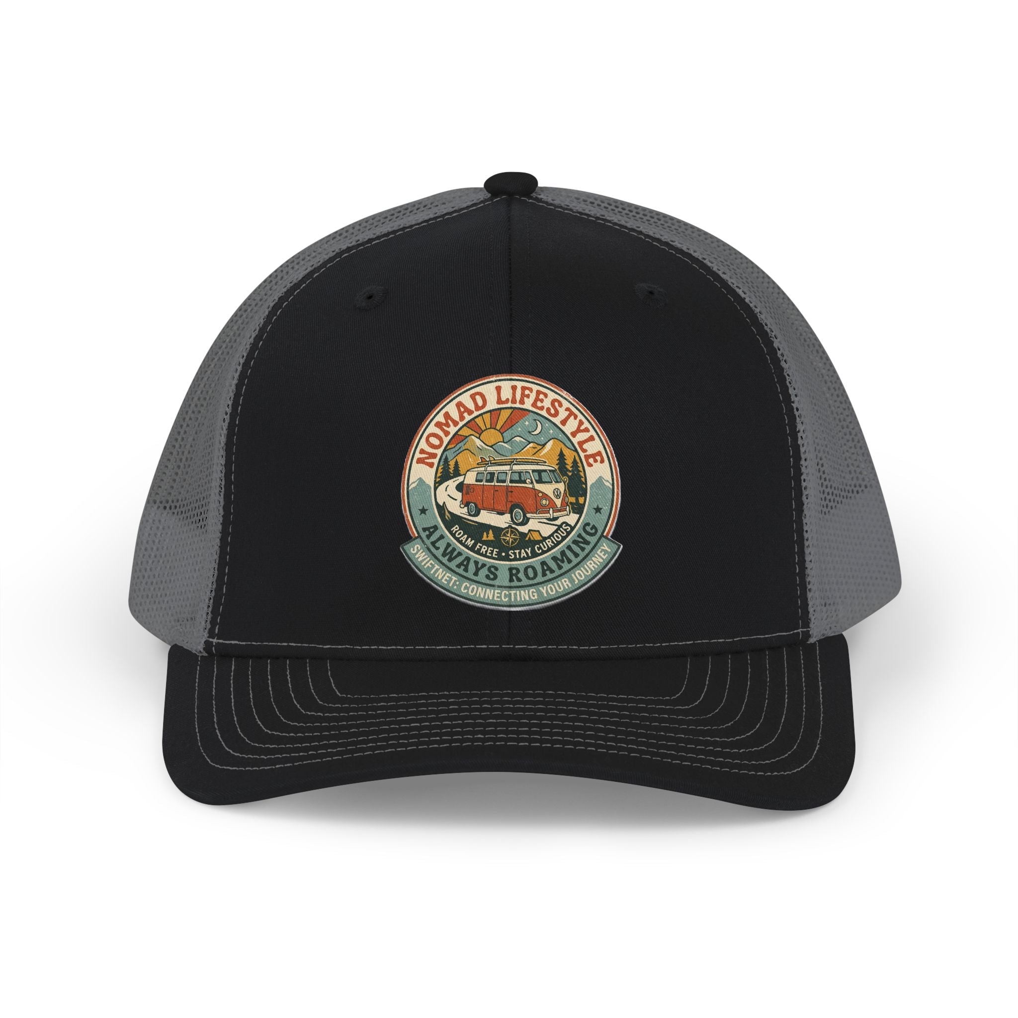Nomad Lifestyle Trucker Cap — 'Always Roaming' Vintage Van Snapback, Mesh-Back Adjustable, Van Life Gift - SwiftNet WifiHatsPrintify15267773105152670034Nomad Lifestyle Trucker Cap — 'Always Roaming' Vintage Van Snapback, Mesh-Back Adjustable, Van Life GiftWhite / WhiteOne size
