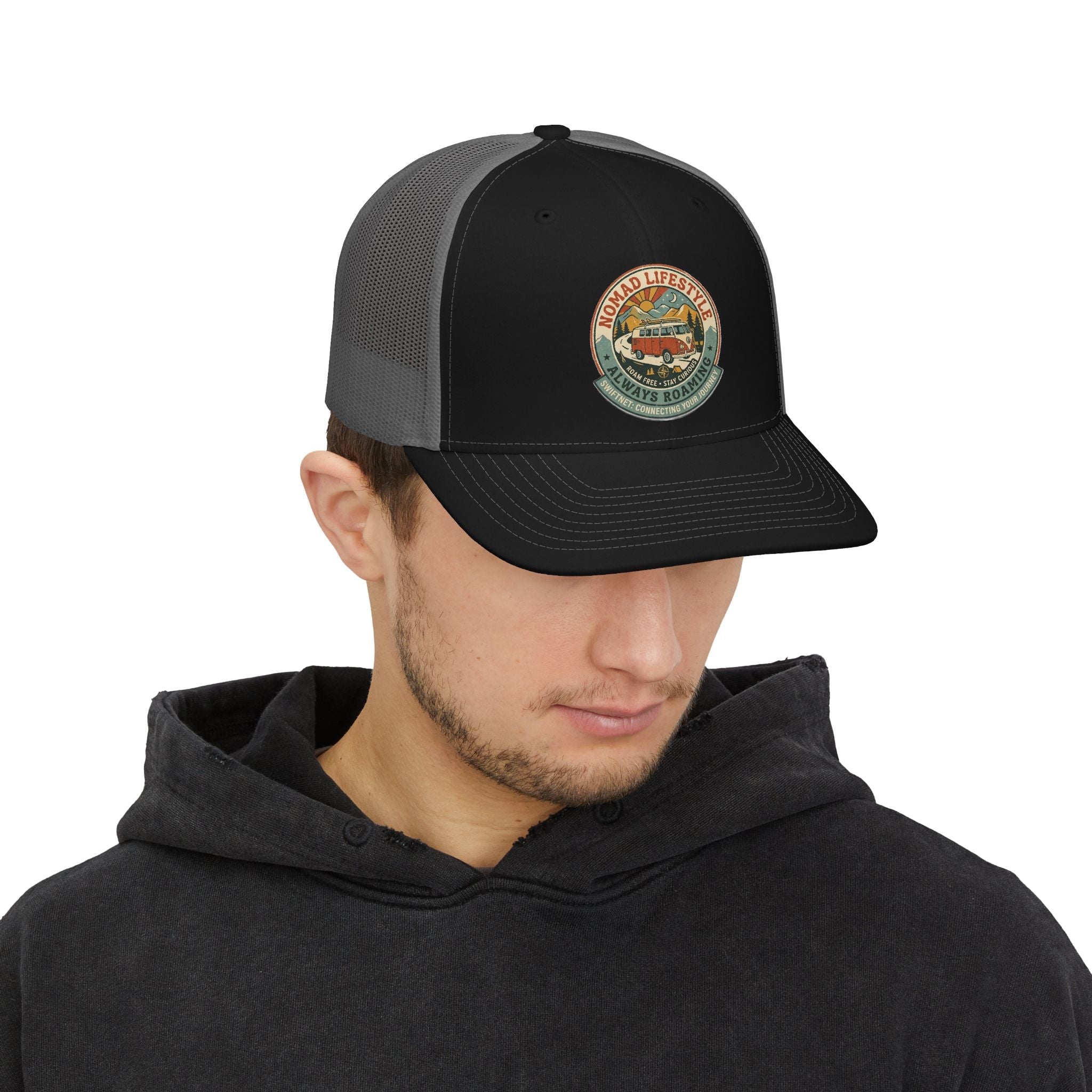 Nomad Lifestyle Trucker Cap — 'Always Roaming' Vintage Van Snapback, Mesh-Back Adjustable, Van Life Gift - SwiftNet WifiHatsPrintify15267773105152670034Nomad Lifestyle Trucker Cap — 'Always Roaming' Vintage Van Snapback, Mesh-Back Adjustable, Van Life GiftWhite / WhiteOne size