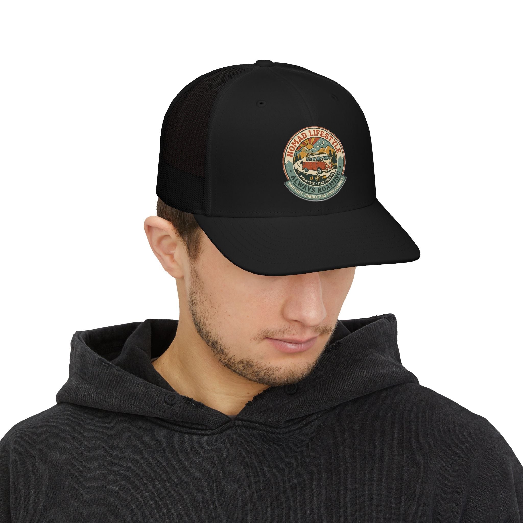 Nomad Lifestyle Trucker Cap — 'Always Roaming' Vintage Van Snapback, Mesh-Back Adjustable, Van Life Gift - SwiftNet WifiHatsPrintify15267773105152670034Nomad Lifestyle Trucker Cap — 'Always Roaming' Vintage Van Snapback, Mesh-Back Adjustable, Van Life GiftWhite / WhiteOne size