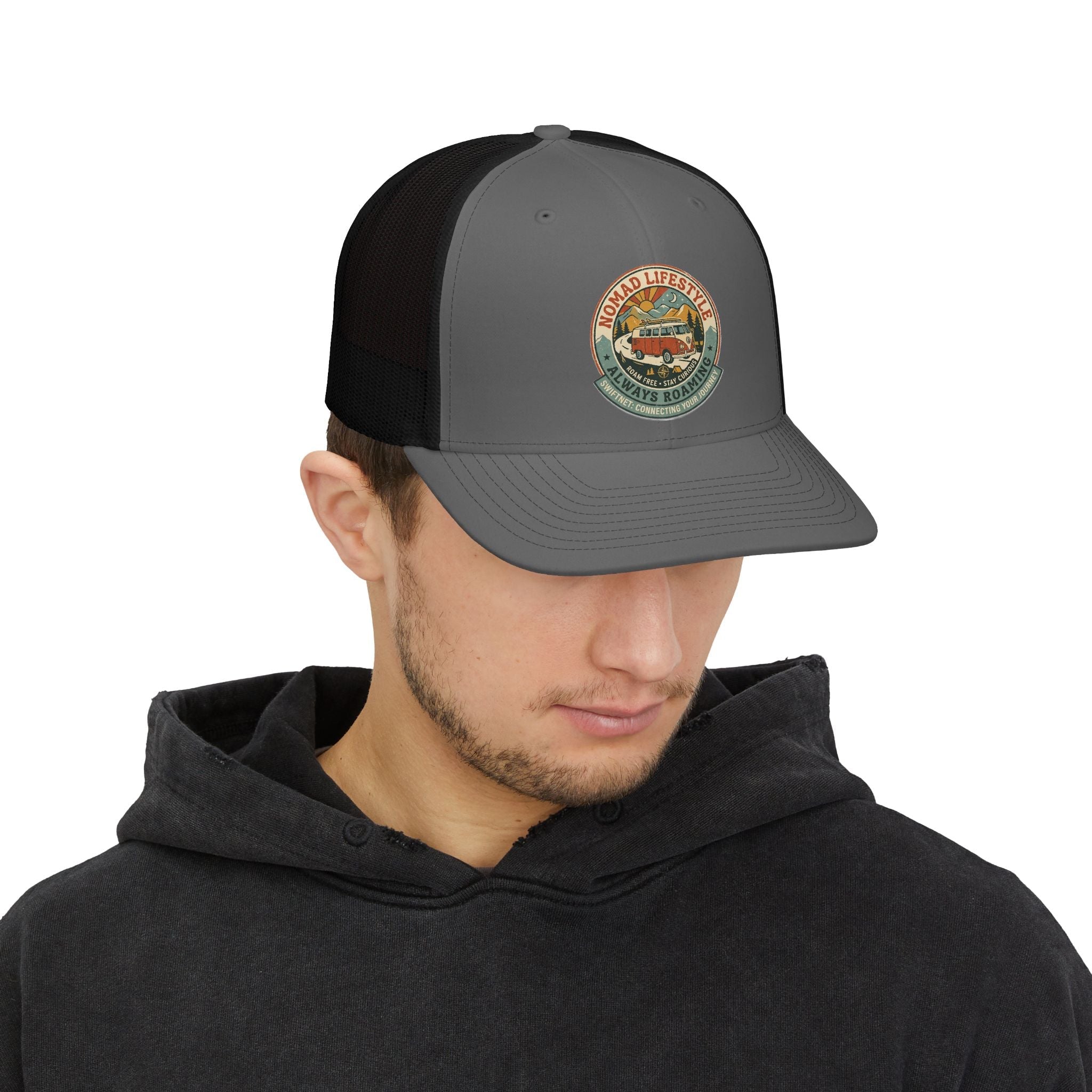Nomad Lifestyle Trucker Cap — 'Always Roaming' Vintage Van Snapback, Mesh-Back Adjustable, Van Life Gift - SwiftNet WifiHatsPrintify15267773105152670034Nomad Lifestyle Trucker Cap — 'Always Roaming' Vintage Van Snapback, Mesh-Back Adjustable, Van Life GiftWhite / WhiteOne size