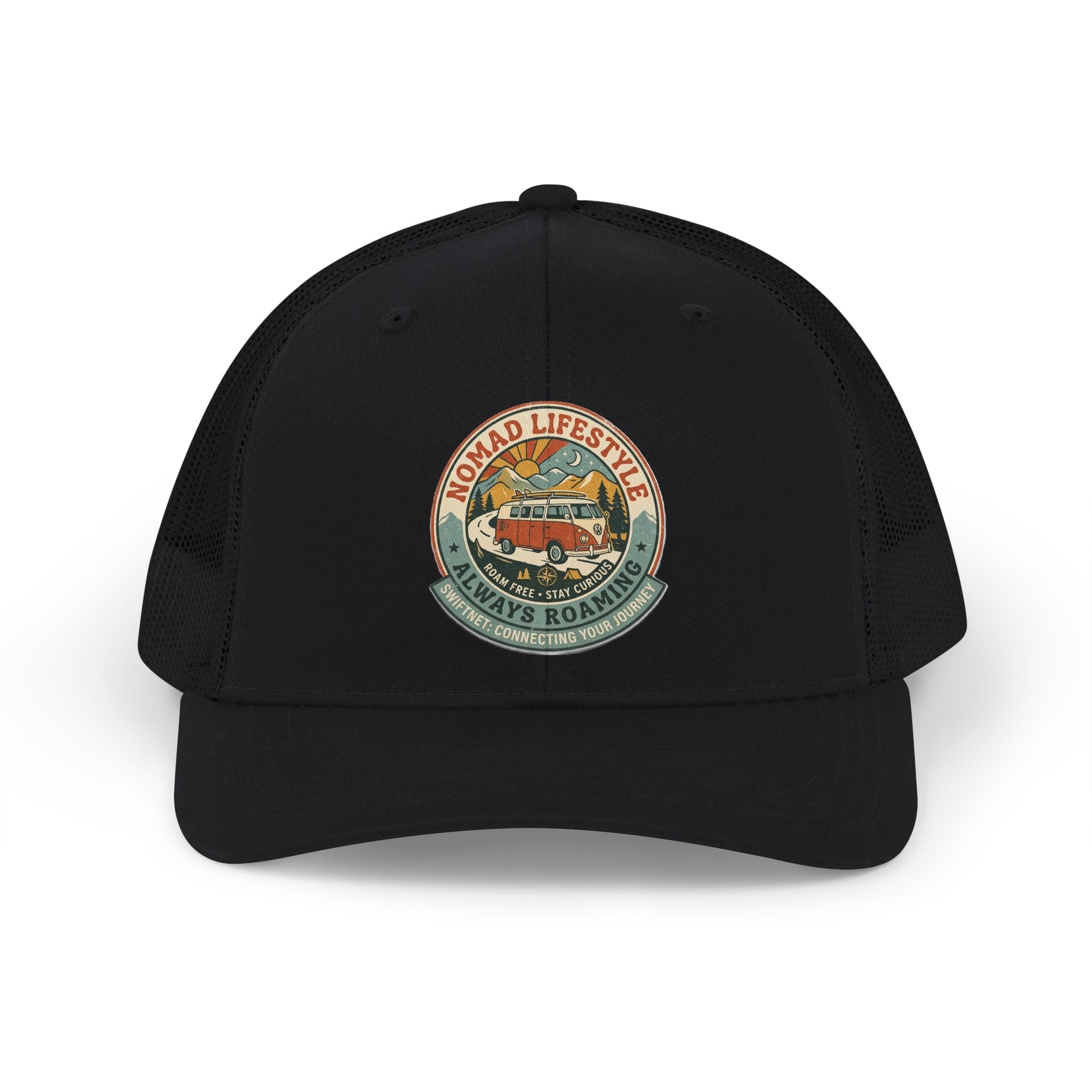 Nomad Lifestyle Trucker Cap — 'Always Roaming' Vintage Van Snapback, Mesh-Back Adjustable, Van Life Gift - SwiftNet WifiHatsPrintify15267773105152670034Nomad Lifestyle Trucker Cap — 'Always Roaming' Vintage Van Snapback, Mesh-Back Adjustable, Van Life GiftWhite / WhiteOne size