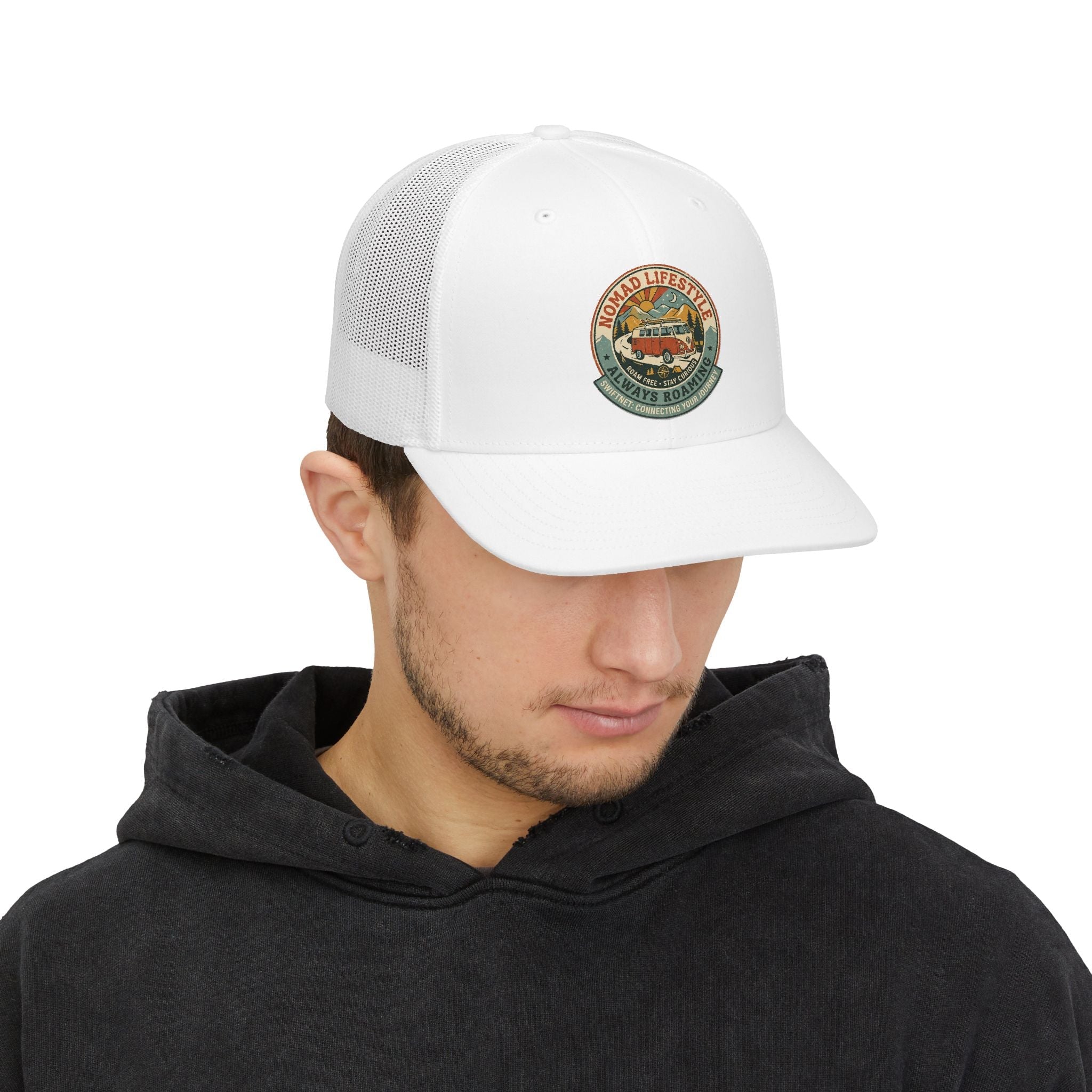 Nomad Lifestyle Trucker Cap — 'Always Roaming' Vintage Van Snapback, Mesh-Back Adjustable, Van Life Gift - SwiftNet WifiHatsPrintify15267773105152670034Nomad Lifestyle Trucker Cap — 'Always Roaming' Vintage Van Snapback, Mesh-Back Adjustable, Van Life GiftWhite / WhiteOne size
