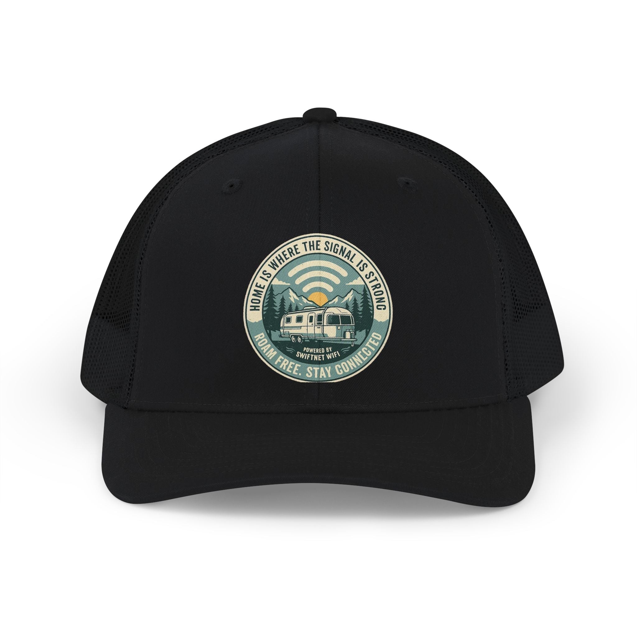 'Where the Signal Is Strong' Trucker Cap — Vintage Camper Patch Snapback, Mesh-Back, RV & Road Trip Gift - SwiftNet WifiHatsPrintify31978866278165897840'Where the Signal Is Strong' Trucker Cap — Vintage Camper Patch Snapback, Mesh-Back, RV & Road Trip GiftCharcoal / BlackOne size