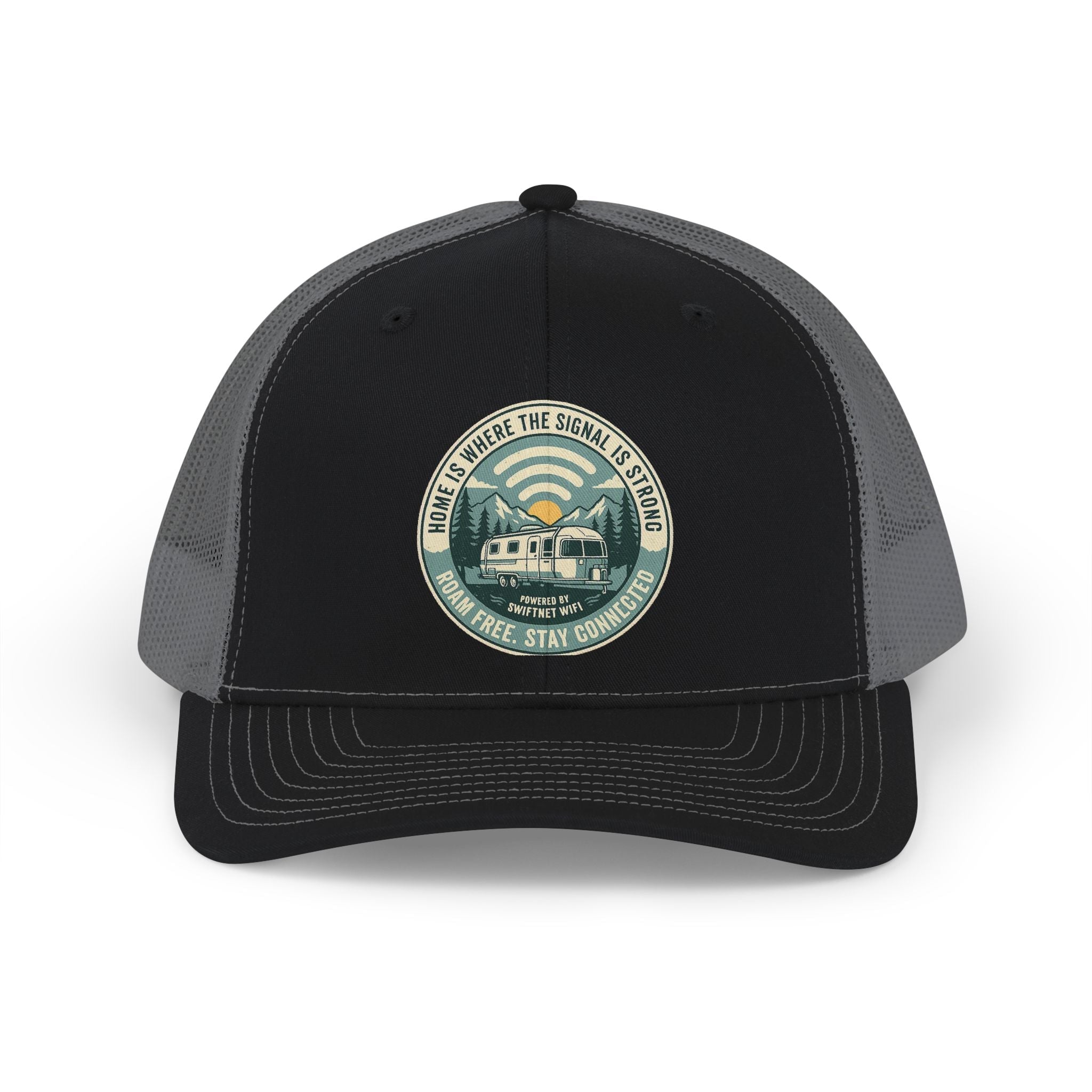 'Where the Signal Is Strong' Trucker Cap — Vintage Camper Patch Snapback, Mesh-Back, RV & Road Trip Gift - SwiftNet WifiHatsPrintify31978866278165897840'Where the Signal Is Strong' Trucker Cap — Vintage Camper Patch Snapback, Mesh-Back, RV & Road Trip GiftCharcoal / BlackOne size