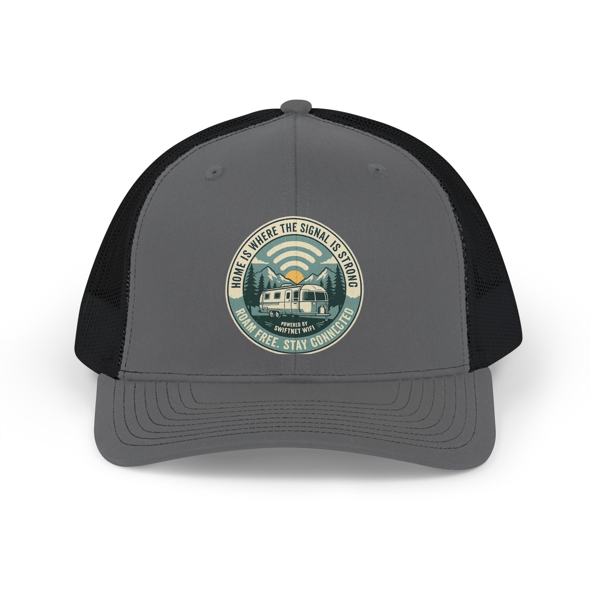 'Where the Signal Is Strong' Trucker Cap — Vintage Camper Patch Snapback, Mesh-Back, RV & Road Trip Gift - SwiftNet WifiHatsPrintify31978866278165897840'Where the Signal Is Strong' Trucker Cap — Vintage Camper Patch Snapback, Mesh-Back, RV & Road Trip GiftCharcoal / BlackOne size