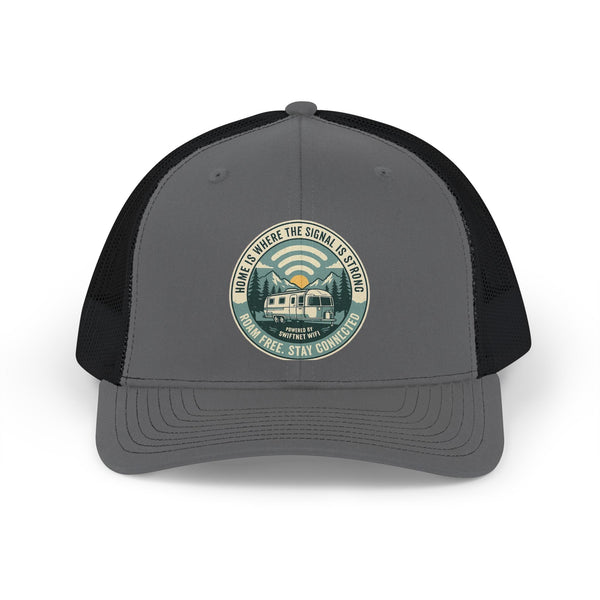'Where the Signal Is Strong' Trucker Cap — Vintage Camper Patch Snapback, Mesh-Back, RV & Road Trip Gift - SwiftNet WifiHatsPrintify31978866278165897840'Where the Signal Is Strong' Trucker Cap — Vintage Camper Patch Snapback, Mesh-Back, RV & Road Trip GiftCharcoal / BlackOne size