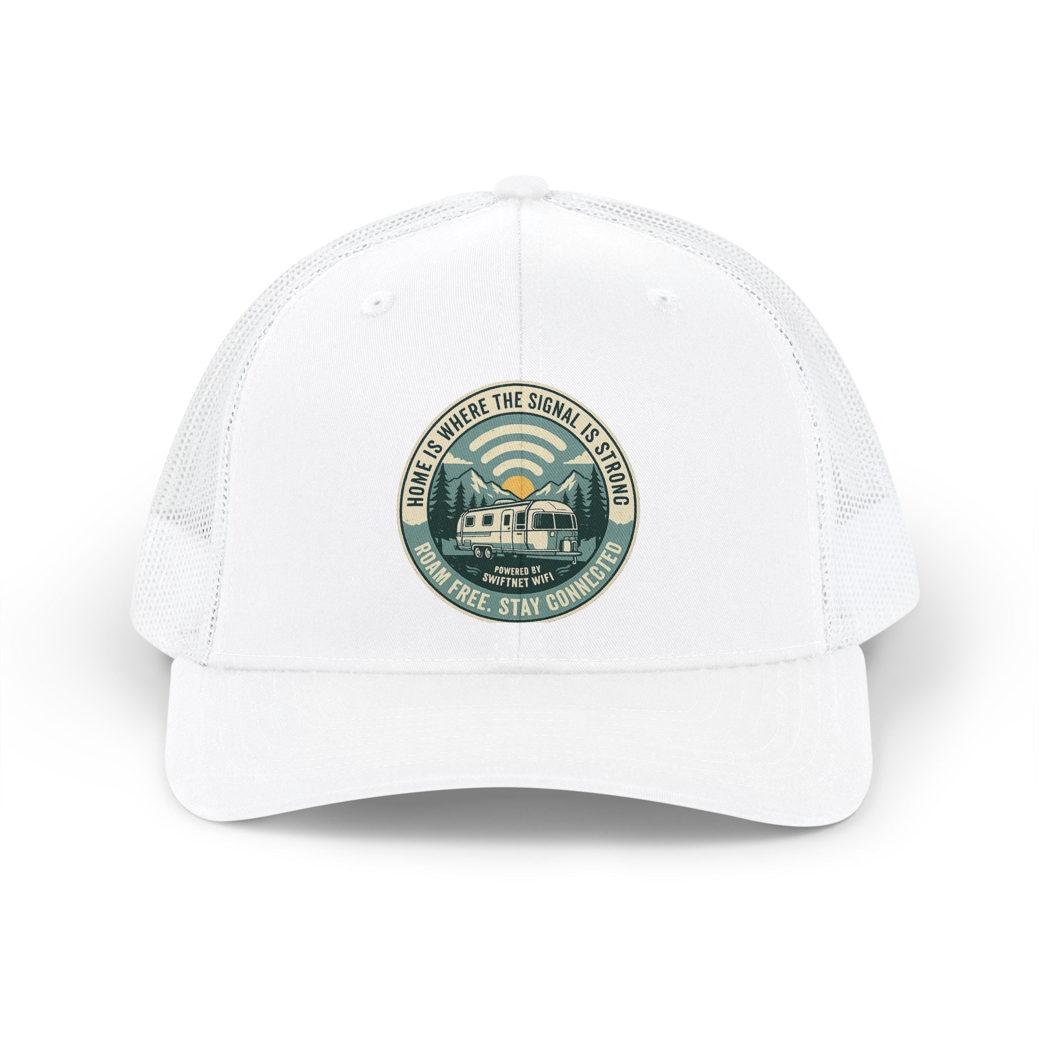 'Where the Signal Is Strong' Trucker Cap — Vintage Camper Patch Snapback, Mesh-Back, RV & Road Trip Gift - SwiftNet WifiHatsPrintify31978866278165897840'Where the Signal Is Strong' Trucker Cap — Vintage Camper Patch Snapback, Mesh-Back, RV & Road Trip GiftCharcoal / BlackOne size